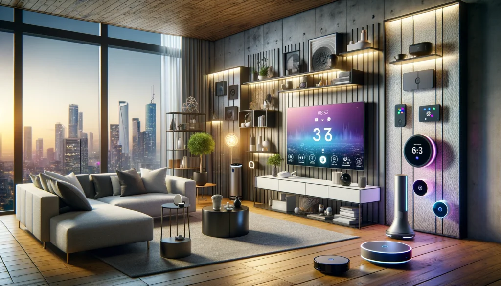 Here is an illustration of a high-tech living room showcasing various smart home devices.