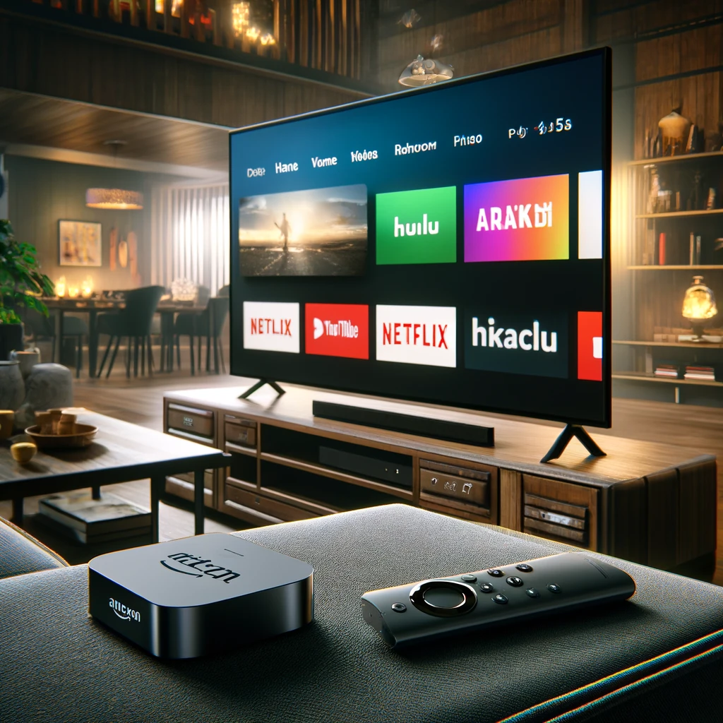 Here's another highly detailed illustration of the Amazon Fire TV smart device in a modern living room setting