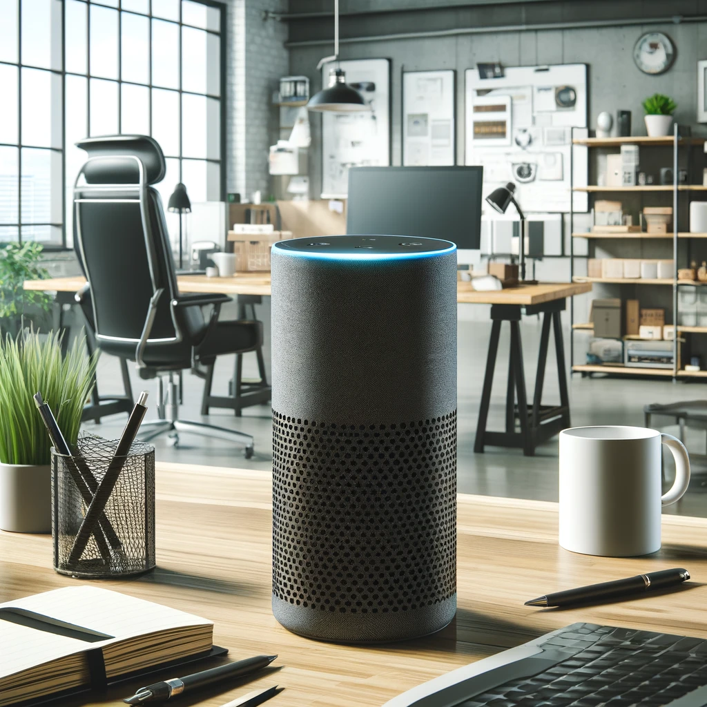 Here is the detailed drawing of an Amazon Echo smart speaker in a modern office setting. I hope you find it suitable!