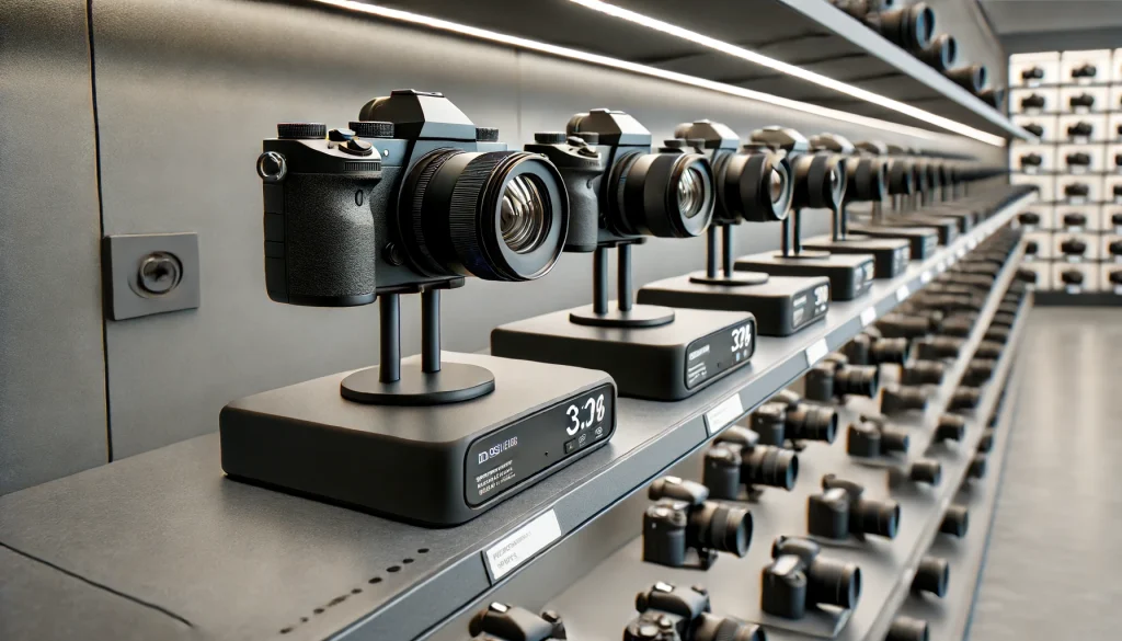 DALL·E 2024 06 12 18.07.45 A store shelf displaying multiple DSLR cameras each placed on its own stand. The stands should be sleek and modern specifically designed to hold cam