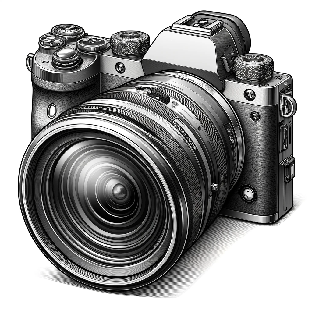 DALL·E 2024 06 13 11.15.20 A detailed drawing of a mirrorless camera with a big lens. The drawing should highlight the cameras structure buttons viewfinder and especially th