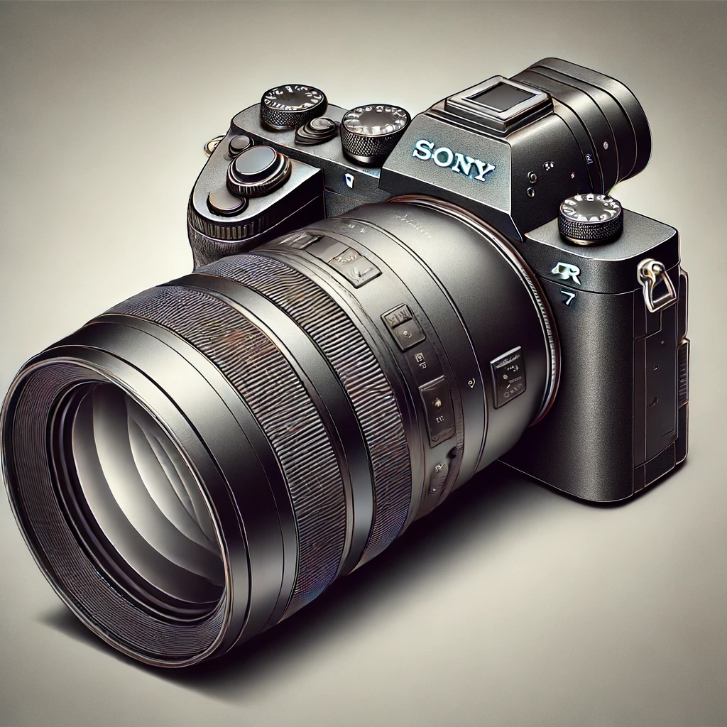 DALL·E 2024 06 13 12.50.31 A highly detailed and realistic side view drawing of the Sony A7R V camera with a big lens. The drawing should showcase the side profile of the camera