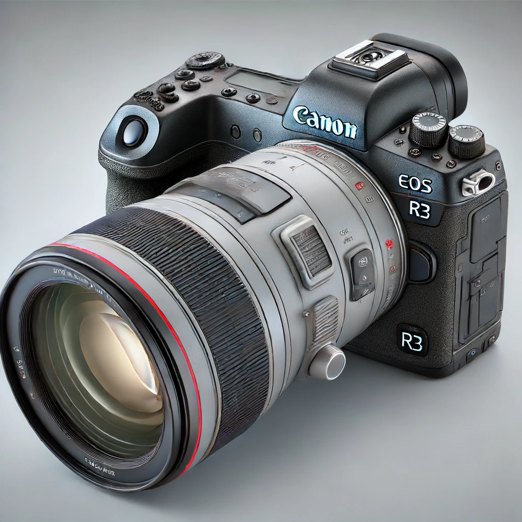DALL·E 2024 06 13 12.56.48 A highly detailed and realistic drawing of the Canon EOS R3 camera with an even larger lens. The drawing should showcase the camera from different ang