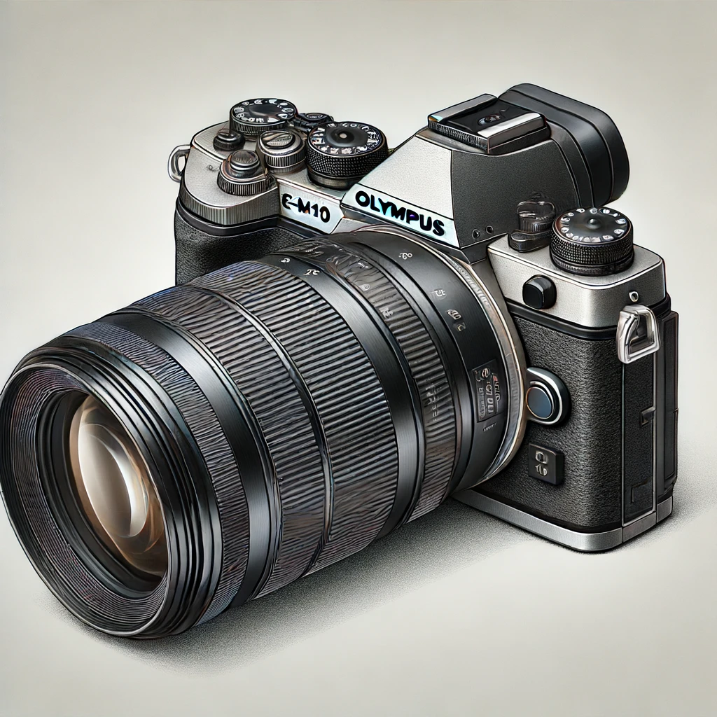 DALL·E 2024 06 13 12.59.09 A highly detailed and realistic drawing of the Olympus E M10 Mark IV camera with a big lens. The drawing should showcase the camera from different ang