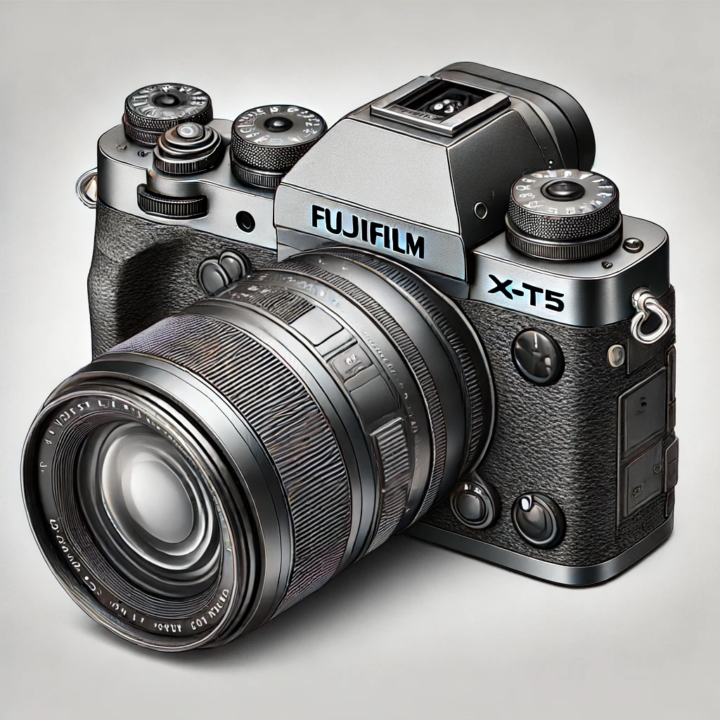 DALL·E 2024 06 13 13.02.51 A highly detailed and realistic drawing of the Fujifilm X T5 camera with a big lens. The drawing should showcase the camera from different angles hig