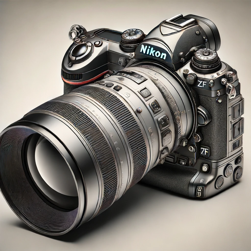 DALL·E 2024 06 13 13.09.32 A highly detailed and realistic drawing of the Nikon ZF camera with a very large lens. The drawing should focus solely on the camera highlighting its